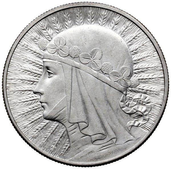 10 złotych 1932, Londyn; głowa kobiety w czepcu;