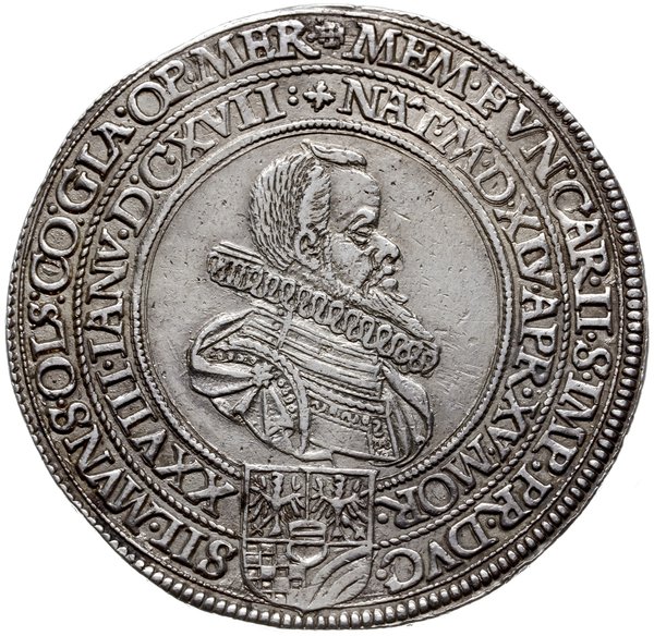talar pośmiertny 1617, Oleśnica, Aw: Popiersie w prawo i napisy w podwójnym otoku, Rw: Poziomy napis w 8 wierszach