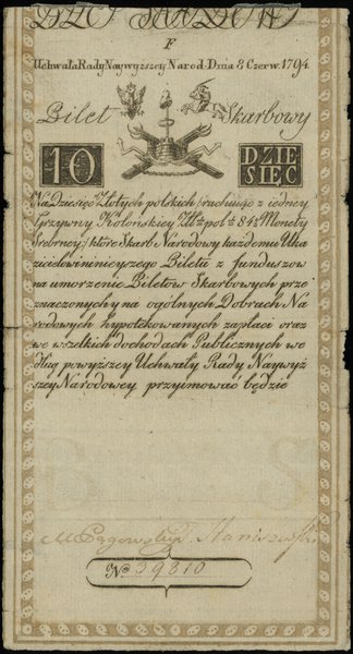 10 złotych 8.06.1794, seria F, numeracja 39810