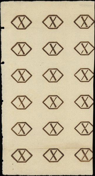 fragment papieru ze znakiem zabezpieczającym do druku 18 banknotów 10 groszy miedziane 13.08.1794, 6 x 3 sztuki