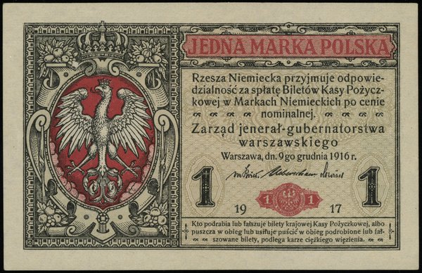 1 marka polska, 9.12.1916, jenerał”, seria B, numeracja 9955021