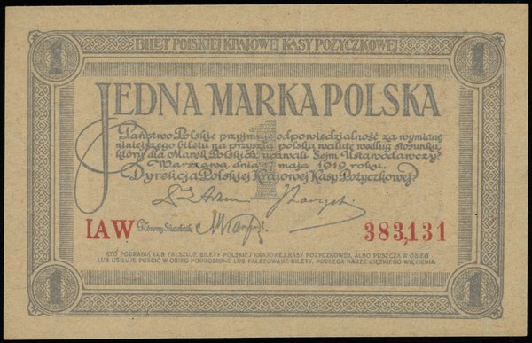 1 marka polska 17.05.1919, seria IAW, numeracja 383131