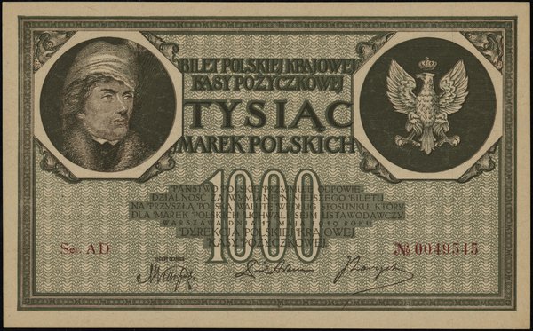 1.000 marek polskich 17.05.1919, seria AD, numeracja 0049545, znak wodny plaster miodu”