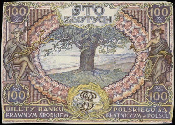 jednostronny próbny druk banknotu 100 złotych emisji 2.06.1932, wykonany w pracowni E. Gaspe, u dołu sygnatury J. MEHOFFER INV. oraz E. GASPE SC., odmienna kolorystyka niż na obiegowym banknocie, format 121x86 mm