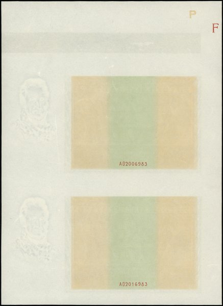 niedokończony druk dwóch banknotów 50 złotych 11.11.1936, seria AD, numeracja 2006983 i seria AD, numeracja 2016983, na stronie głównej jedynie poddruk bez druku stalorytniczego, strona odwrotna poprawnie zadrukowana, w prawym górnym rogu arkusza na stronie głównej P” oraz F”, na stronie odwrotnej odciśnięty fragment ubytku matrycy na zielono, format 253x185 mm