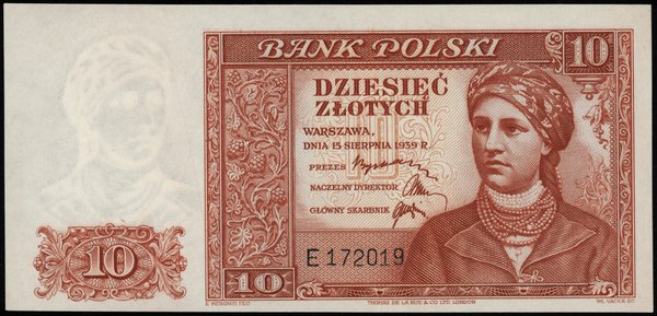 10 złotych 15.08.1939, seria E, numeracja 172019