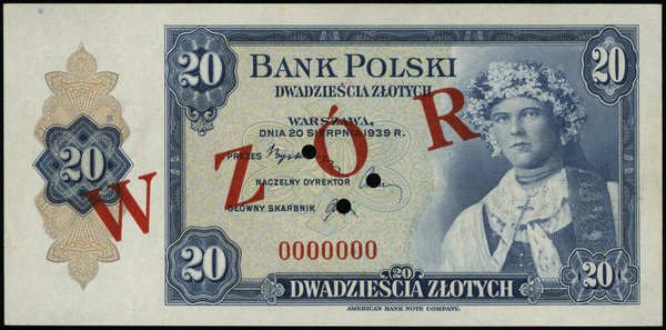 20 złotych 20.08.1939, numeracja 0000000, ukośny