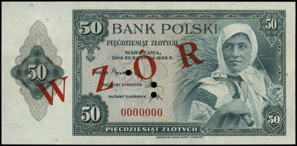 50 złotych 20.08.1939, numeracja 0000000, ukośny czerwony nadruk WZÓR, trzykrotna perforacja