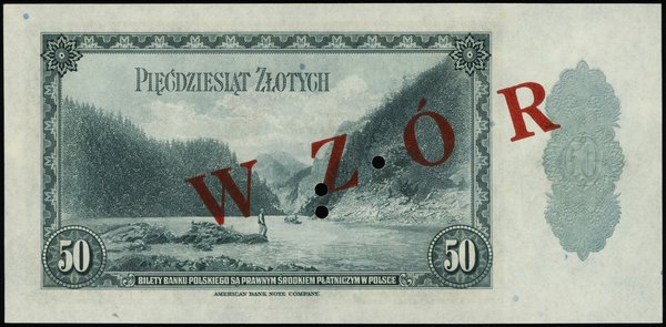 50 złotych 20.08.1939, numeracja 0000000, ukośny czerwony nadruk WZÓR, trzykrotna perforacja