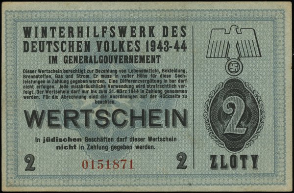 2 złote 1943-1944; numeracja 0151071, niewypełni