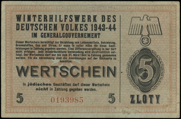 5 złotych 1943-1944; numeracja 0193985, niewypeł