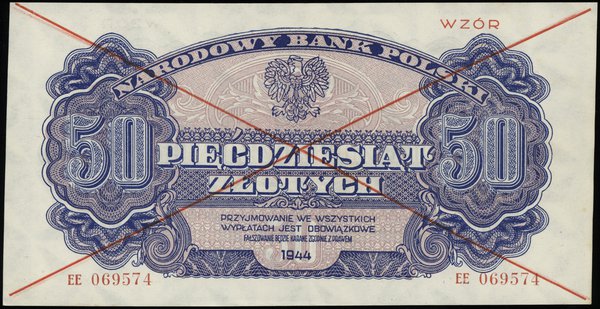 50 złotych 1944, w klauzuli OBOWIĄZKOWE, seria ЕЕ, numeracja 069574, czerwone dwukrotne przekreślenie i poziomo WZÓR