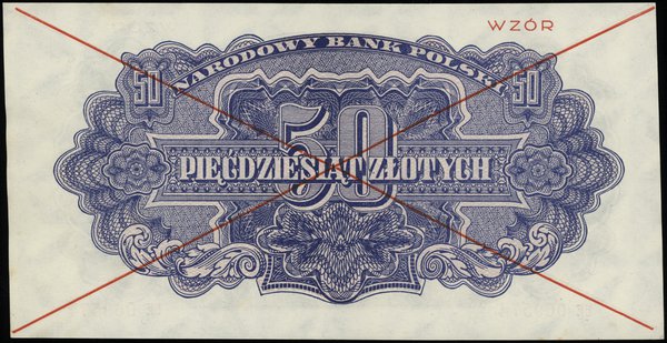 50 złotych 1944, w klauzuli OBOWIĄZKOWE, seria ЕЕ, numeracja 069574, czerwone dwukrotne przekreślenie i poziomo WZÓR