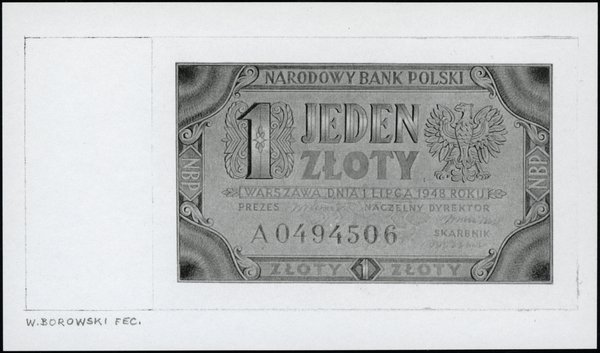 dwie jednostronne kopie projektu strony głównej oraz odwrotnej banknotu 1 złoty emisj 1.07.1948