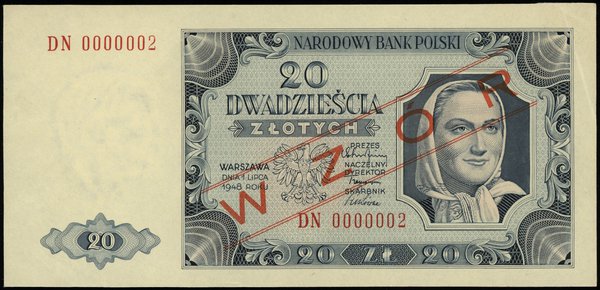 20 złotych 1.07.1948, seria DN, numeracja 0000002, obustronny czerwony ukośny nadruk WZÓR”