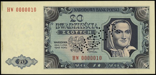 20 złotych 1.07.1948, seria HW, numeracja 0000010, perforowany napis WZÓR