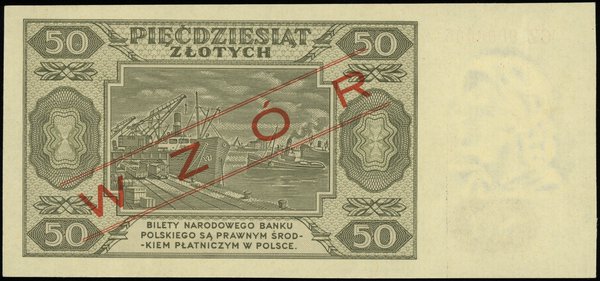 50 złotych 1.07.1948, seria CZ, numeracja 0000005, po obu stronach ukośny czerwony nadruk WZÓR