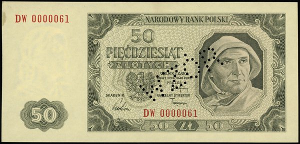 50 złotych 1.07.1948, seria DW, numeracja 0000061, perforowany napis WZÓR