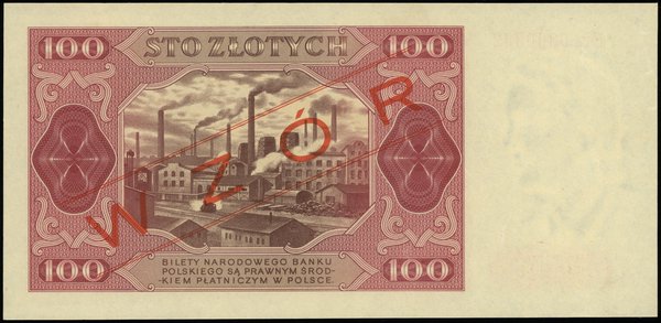 100 złotych 1.07.1948, seria FL, numeracja 0000002, po obu stronach ukośny czerwony nadruk WZÓR
