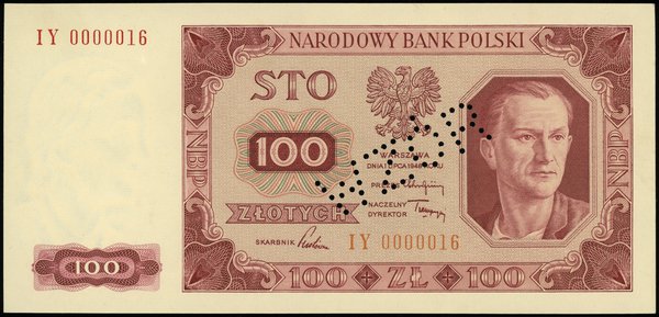 100 złotych 1.07.1948, seria IY, numeracja 0000016, perforowany napis WZÓR