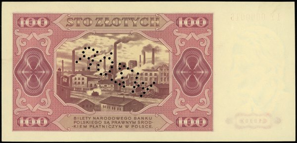 100 złotych 1.07.1948, seria IY, numeracja 0000016, perforowany napis WZÓR