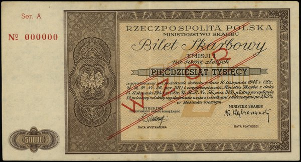 bilet skarbowy na 50.000 złotych 14.11.1945, WZÓR, seria A 000000, I emisja