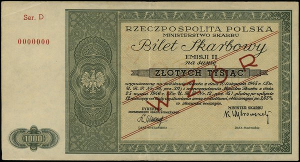 bilet skarbowy na 1.000 złotych 25.03.1946, WZÓR, seria D 0000000, II emisja