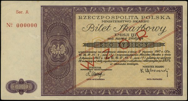 bilet skarbowy na 100.000 złotych 3.01.1947, WZÓ
