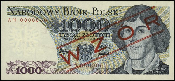 1.000 złotych 2.07.1975, seria AM, numeracja 0000060, czerwony ukośny nadruk WZÓR / SPECIMEN