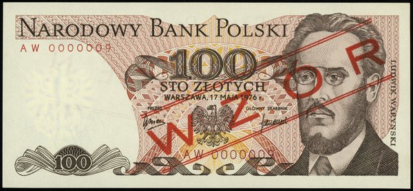 100 złotych 17.05.1976, seria AW, numeracja 0000009, czerwony ukośny nadruk WZÓR / SPECIMEN