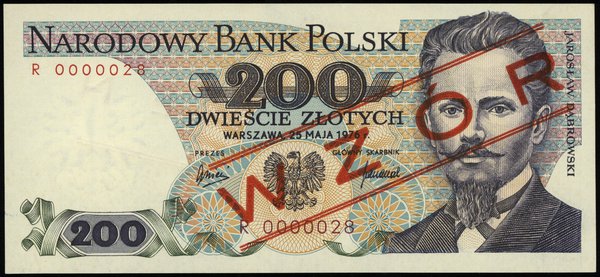 200 złotych 25.05.1976, seria R, numeracja 0000028, czerwony ukośny nadruk WZÓR / SPECIMEN