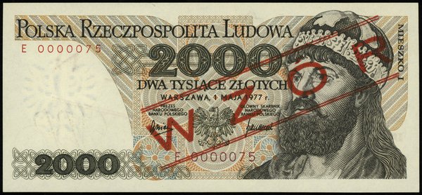2.000 złotych 1.05.1977, seria E, numeracja 0000075, czerwony ukośny nadruk WZÓR / SPECIMEN