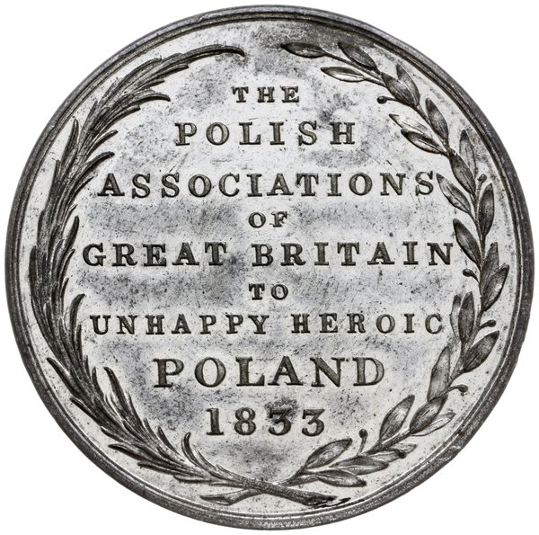 medal z 1833 roku autorstwa F. Halliday’a wybity przez Komitet Polski w Londynie