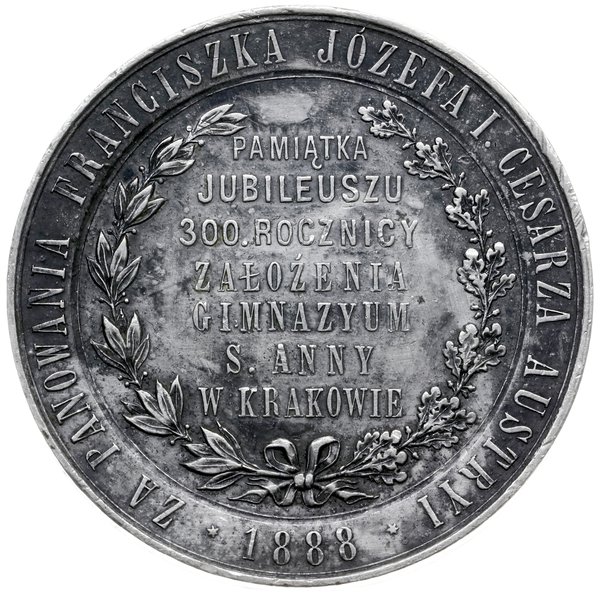 medal z 1888 roku autorstwa Wacława Głowackiego wykonany z okazji 300. rocznicy założenia Gimnazjum Św. Anny w Krakowie