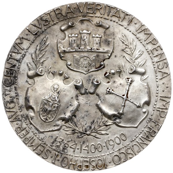 medal z 1900 roku autorstwa Wincentego Trojanowskiego wybity na 500-lecie Uniwersytetu Jagiellońskiego