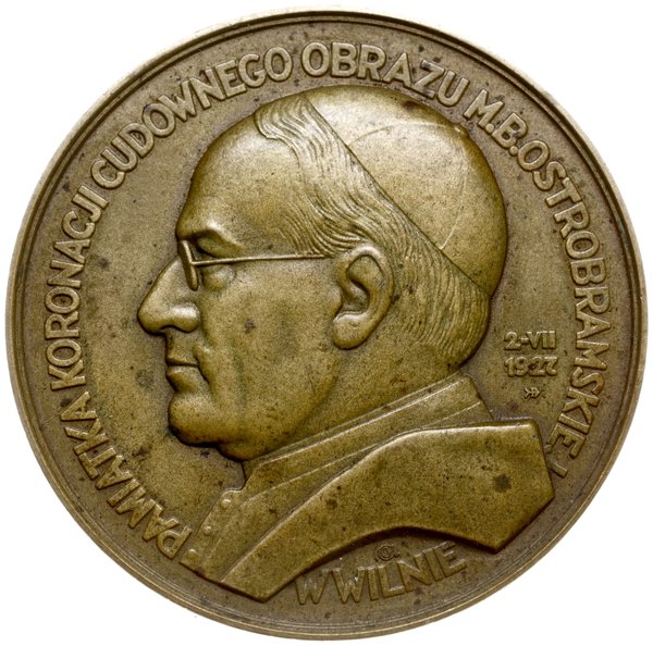 medal z 1927 roku autorstwa Józefa Aumillera wybity z okazji koronacji obrazu Matki Boskiej w Wilnie