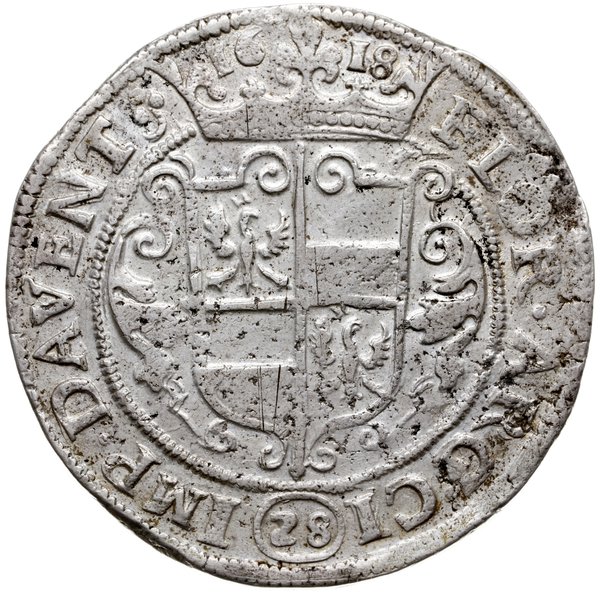 28 stuberów (floren) 1618, z tytulaturą Macieja (1612-1619), odmiana z datą nad koroną