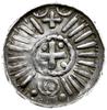 denar krzyżowy typu I, X w.; Aw: Fronton kościoła z czterema kolumnami, w środku krzyż; Rw: Krzyż,..