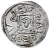 denar z lat 1146-1157; Aw: Książę z mieczem trzymanym poziomo siedzący na tronie na wprost, po bok..