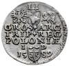 trojak 1589, Olkusz; na awersie napis kończy znak menniczy półruszt Mikołaja Hevela de Colpino; Ig..