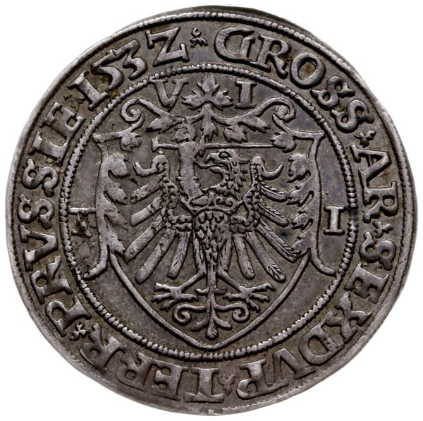 szóstak 1532, Toruń; Aw: Popiersie króla w czepc