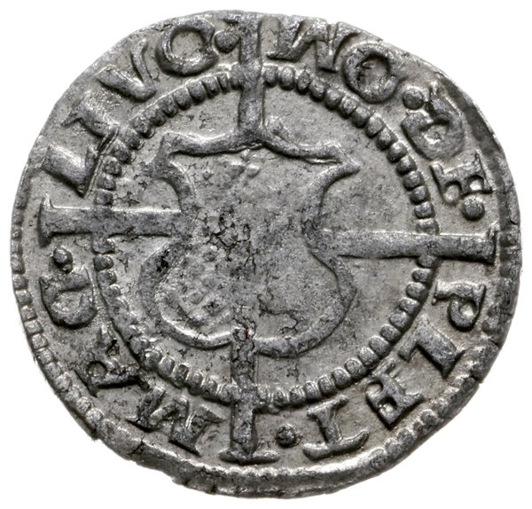 szeląg 1535, Ryga; Aw: Tarcza herbowa na długim 