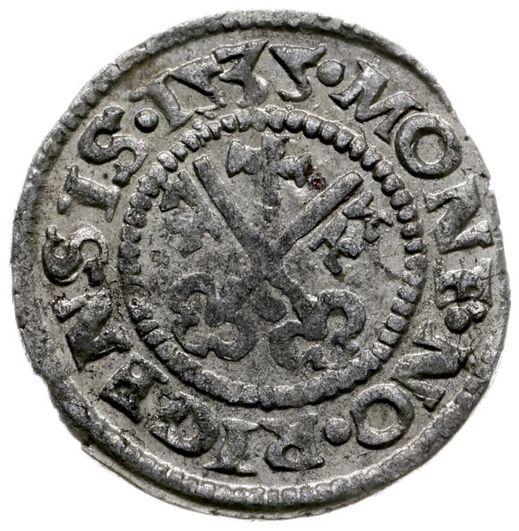szeląg 1535, Ryga; Aw: Tarcza herbowa na długim 