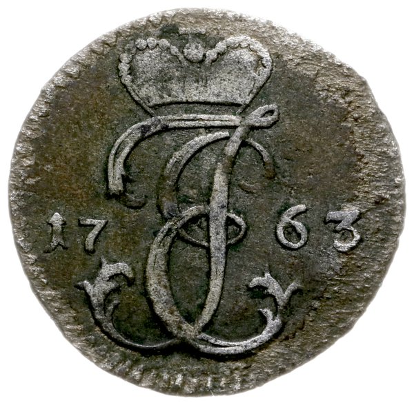 grosz 1763 ICS, Mitawa; Aw: Monogram księcia, Rw