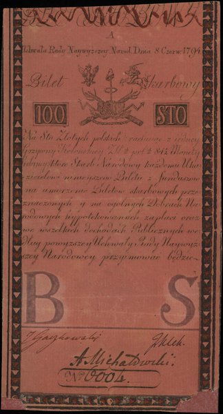 100 złotych polskich 8.06.1794, seria A, numeracja 6004