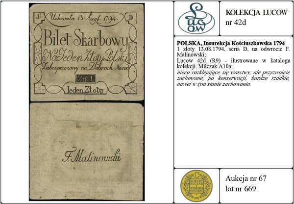 1 złoty 13.08.1794, seria D, na odwrocie F.Malinowski