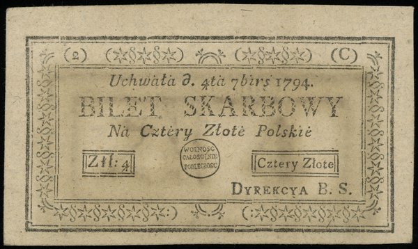 4 złote polskie 4.09.1794; seria 2-C, z błędem w