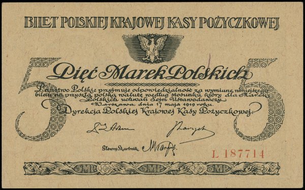 5 marek polskich 17.05.1919, seria L, numeracja 187714