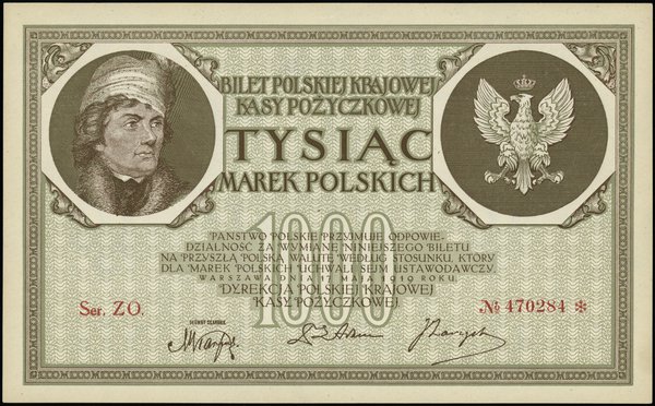 1.000 marek polskich 17.05.1919, seria ZO, numeracja 470284*, znak wodny “orły i litery B-P”