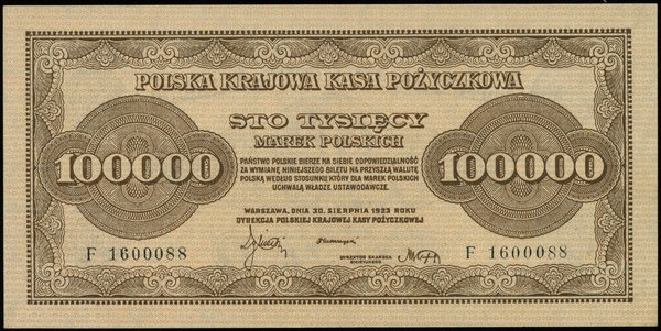 100.000 marek polskich 30.08.1923; seria F, nume
